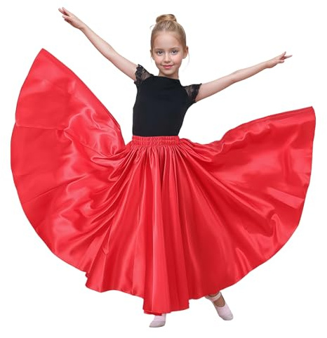 Baisdan Jupe de Danse Orientale pour Fille, Jupe Longue en Satin Brillant pour Danse du Ventre, Flamenco et Spectacles Rouge 5-7 Ans