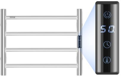 VEVOR Calentador de Toallas con Radiador Toallero con 4 Barras Calentador de Toallas Impermeable con Temporizador y Pantalla LED 5 Niveles de Temperatura Ajustables Montado en la Pared, Plata