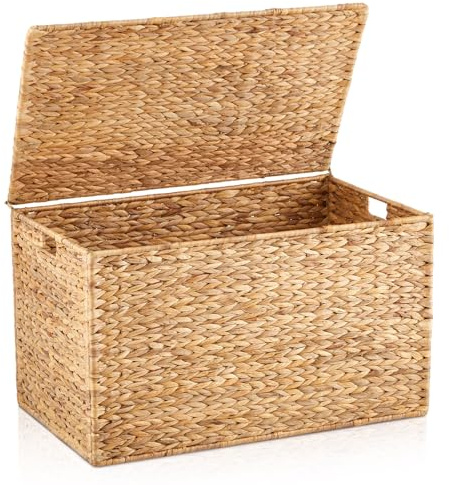 Wonderjune Baule in vimini di giacinto d'acqua con struttura in metallo, resistente, con coperchio, grande, per coperte, vestiti stagionali, biancheria extra (naturale)