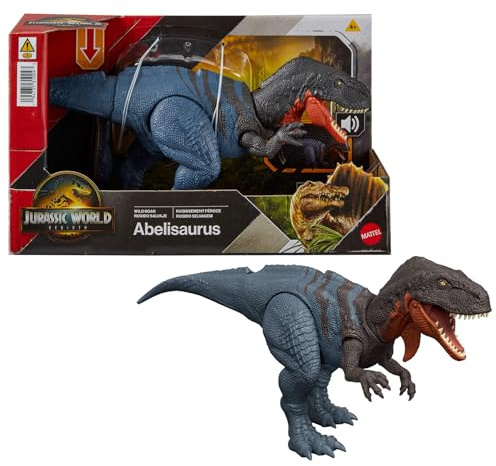 ​Mattel Jurassic World Rebirth Wild Roar Dinosaur Toy, Abelisaurus Posable Figure, Tail-Controlled Chomp Multi-Direction Attack & Sound, Digital Play, JGB91