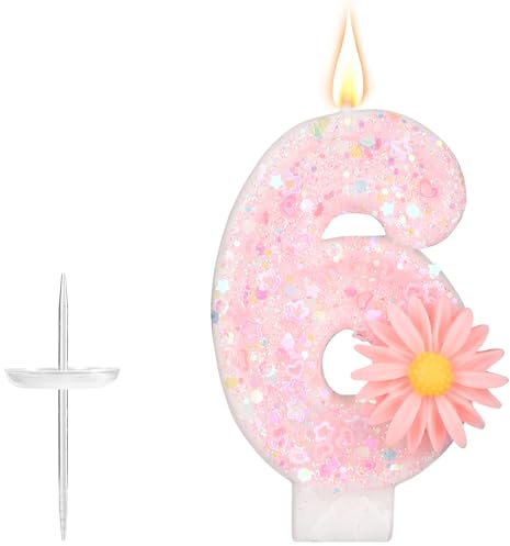 Rosa Siffror Födelsedagsljus, 7,2cm Glitter Daisyblomma Glittrande Sifferljus Tårtdekoration Dekoration Perfekt för Flickors Födelsedag Fest Babyshower och Årsdag Presenter (6)