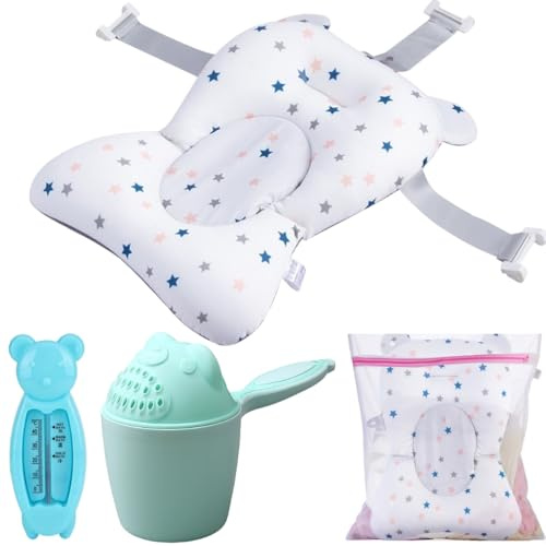 Megaser® Pack Cojín Bañera Bebé Universal + Jarra de Baño + Termómetro + Bolsa Lavado, Reductor Bañera Bebe, Adaptador Bañera Recién Nacido, Almohada Bañera Bebé Cómoda, Pack Completo para Baño