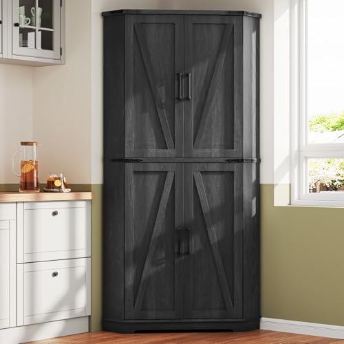 Dripex 71 Corner Cabinet Black, Farmhouse Kitchen Pantry Cabinet with Doors Storage & Adjustable Shelves, Tall Corner Storage Cabinet with LED Light, Food Pantry for Living Room, Dining Room