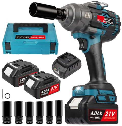 MISTRO Avvitatore a Impulsi 21V 1000Nm Senza Spazzole: 1/2 Avvitatore a batteria 2 Batterie 4.0Ah, Avvitatore ad impulsi con LED e Set 6 Dadi per Auto, Gommista, Fai da Te e Professionisti