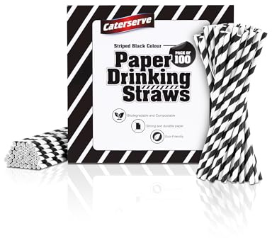 Paper Straws Multicolored - Eco-Friendly Alternative to Plastic Straws 100% Biodegradable and Compostable - Perfect for Drinking, Cocktails, and Parties (100, Black Stripes)