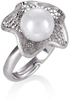namana Anillo Ajustable para Mujer con Perla Blanca, Anillo de Cóctel Grande Color Plata para Mujer con Perla de Imitación, Anillo Grueso con Diseño Floral y Detalles de Filigrana