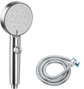 Diyxisk 5 lägen vattenbesparande duschhuvud, justerbart booster duschhuvud, en knappstopp, badrum duschhuvud, högtrycksduschhuvud, universellt vattenbesparande duschhuvud (silver), (YSGYHS-2)