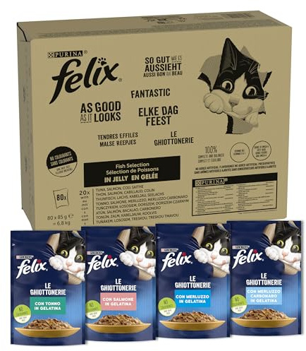 Purina Felix Le Ghiottonerie - Comida húmeda para Gatos con atún, salmón, Bacalao, Bacalao Negro, Paquete de 80 Sobres de 85 g