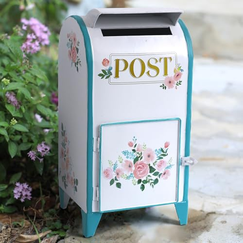 BIG FORTUNE Briefkästen für den Außenbereich Briefkästen/freistehender Briefkasten außen geeignet für Dekoration Antik Stil Nostalgischer Charm Home Metall Briefkasten Retro Stil Weiß Blau