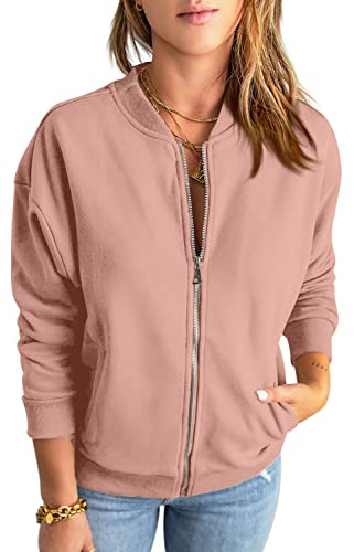 GeGekoko Zip Sweatshirt Damen übergroße Jacket Sweatshirt Einfarbige Loose Langarm Tops Oberteile mit Tasche,Rosa,L