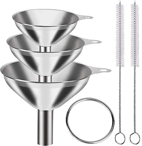 3 Metalltrichter Set, Edelstahltrichter, Mini, Küchenstrainer, für Flüssigkeiten, Öle, Marmelade und Pulver mit 2 Reinigungsbürsten mit Langem Griff