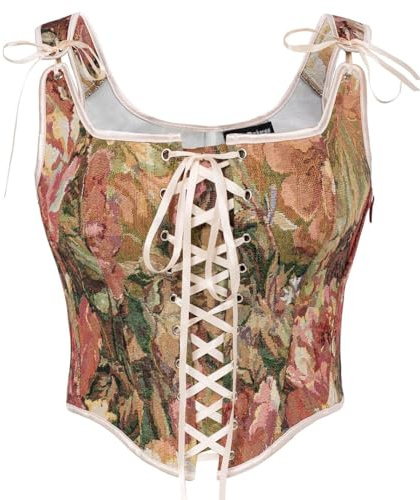 SCARLET DARKNESS Women's Floral Corset Top Cottagecore Vest Overbust Bustier Lace-up Vintage Medieval Renaissance Corsets