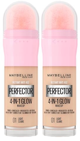 Maybelline New York Instant Age Perfector Glow 4in1 Correttore BB Cream Illuminante Primer Colore 01 Light Claire con Spugnetta per Applicazione - 2 Flaconi da 20ml
