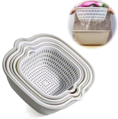 6 Pièces Set de Passoires de Cuisine, Passoire à Pâtes, 2-en-1, Multifonctionnelle, Passoire de Cuisine, pour Fruits, Légumes, Passoire à riz (Frêne, Blanc)