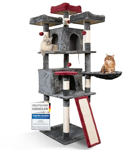 Foxdevil by xonic® Stabiler Katzenkratzbaum für Katzen [169 cm] – Katzenbaum XXL & Katzenbaum Groß mit Aussichtsplattformen, Liegemulde, Kuschelhöhlen – Kratzbaum Katzen Stabil – Cat Tree - Grau/Rot