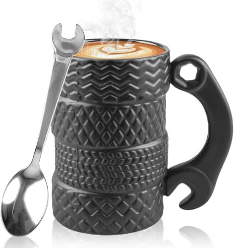 500ML Reifentasse, Reifenförmiger Keramikbecher mit Löffel, 3D Große Autotasse mit Henkel, Keramik-Reifenbecher für Kaffee, Tee, Getränke, Kaffeetassen für Büro, Autoliebhaber, Lustiges Geschenk