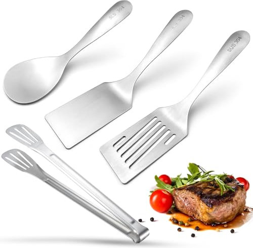 SDwfxd Lot de 4 ustensiles de cuisine en acier inoxydable 304 avec spatule, cuillère à riz, pince de cuisine, spatule à crêpes, passe au lave-vaisselle.