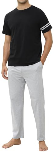 TeJoyce Pigiama Uomo Cotone, Set Notte in Due Pezzi di Colore Puro, Maglietta a Maniche Corte e Pantaloni Lunghi con Tasche, Abiti da Casa Comodi e Morbido per Uomo (Grigio + Nero, L)
