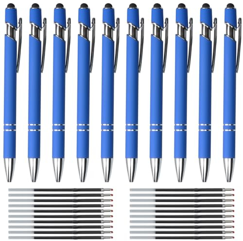 Hengxinchen Stylo à Bille Haute Qualité Rétractable, 10 pcs Set de Stylos à Bille Bleu à Pression Super Durable avec 20 Recharges, 2 en 1 Ergonomique avec Touchpen