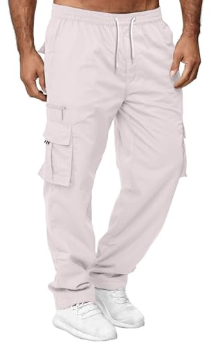 CTU Mens Cargo Trousers Elasticated Waist Pants Work Straight Fit Jogger Outdoor Pants Utility Pockets White XL