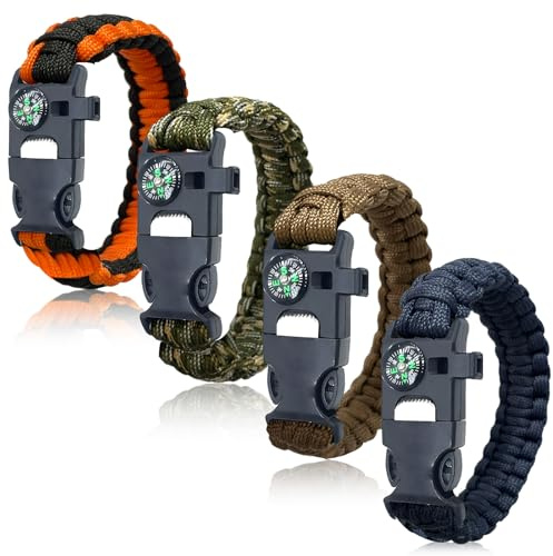 BOSOIRSOU Survival Bracelets 4-Pack | 5-in-1 Paracord Bracelet Set with Fire Starter, Compass & Whistle | Emergency Outdoor Gear for Camping, Hiking