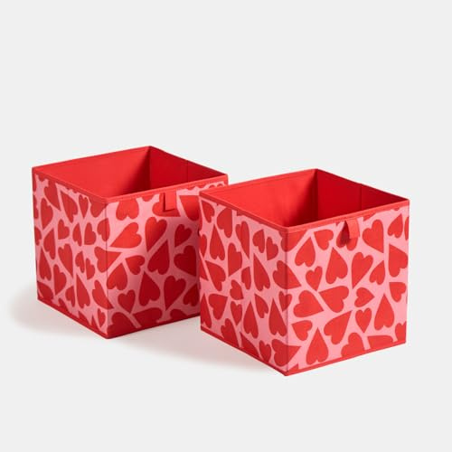 OHS Set of 2 Heart Print Fabric Storage Boxes Home Organizer Toys Clothing Bathroom Pop Up Foldable Collapsible Cube Storage Unit Boxes Space Saving Storage Baskets, Pink
