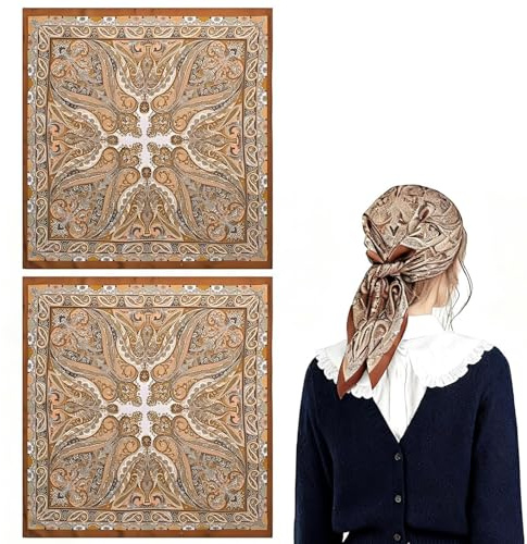 aieieii 2 Pcs Brown Bandanas for Womens, Neck Scarf for Women Satin Head Scarf For Women Uk 70 X 70 Cm, Ladies Headscarf, Cowboy Neckerchief for Womens Suitable for Vacation and Beach Travel