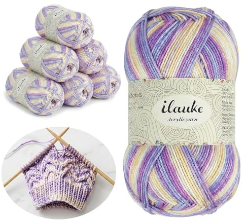 ilauke 6 x 50 g/150 m de fil à tricoter à la main, multicolore pour crochet, fil acrylique doux pour tricot, 80% polyacrylique, taille des aiguilles 2,5-4,0, fil à tricoter (blanc, rose, violet)