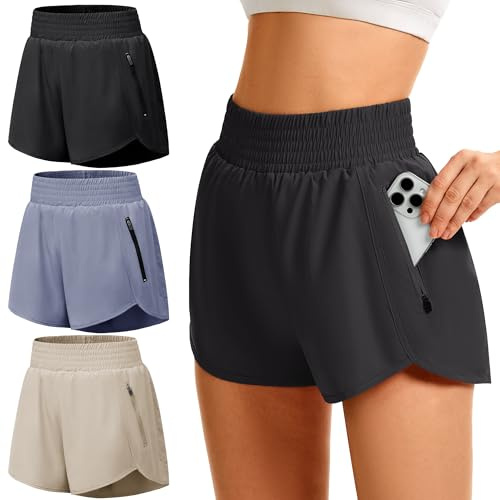 GetGigt 3 Pack Women's Running Shorts with Zipper Pockets High Waisted S