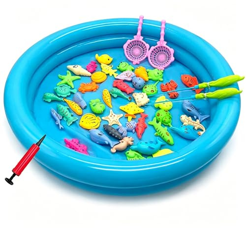 SKIKHN Jouet de Peche Magnétique, 50 Pièces Jouet de Pêche Flottant, Jouet de Bain éducatif, Jeu Peche a La Ligne Enfant, pour Enfant Education Play Set en Plein Air
