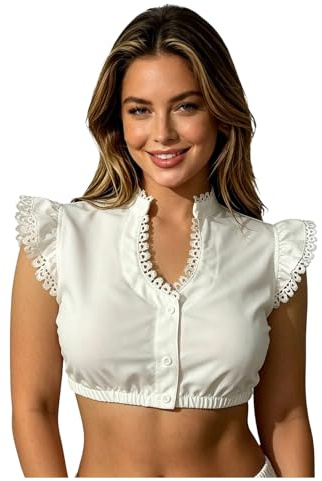 Generisk Dirndl-blus damer, vit, Dirndl-blus, traditionell blus, damer, V-ringad knappslå traditionell blus, Dirndlblus för Oktoberfest, Vit, M