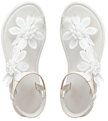 Sandales plates bohème tendance pour femme - Printemps - Floral - Mariage 2026 - String d'été - Gladiateur - Confort printemps 2026 - Western Confortable - Mignon, blanc, 40.5 EU