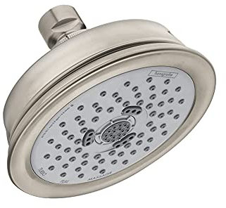 hansgrohe Croma 100 Classic 12,7 cm Duschkopf mit niedrigem Durchfluss, klassischer 3-strahliger, pulsierender Massage, intensiver Turbo-Wassereinsparung mit QuickClean in gebürstetem Nickel, 04751820