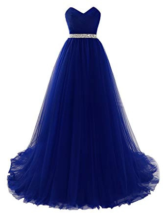 Misshow Robe de Cocktail Longue Chic Elégante Robe pour Mariage Femme Invité Robe de Bal Longue Mousseline Bleu Roi 36