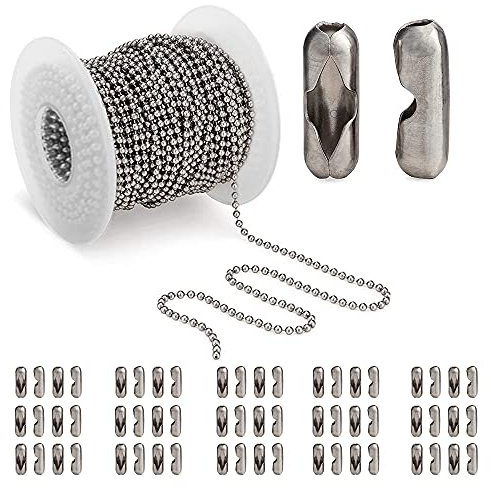 Wayilea Catena a sfere da 15 m, in acciaio inox, con 100 connettori abbinati, collane fai da te, gioielli, targhette per cani, sfera da 2,4 mm, 1 rotolo da 16 metri