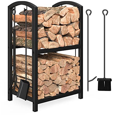Mr IRONSTONE Firewood Rack with Fireplace Tools Set, Fireplace Tool Rack for Indoor Outdoor Fire Log Holder Wrought Iron Large Wood Stove with Firepit Tools, Brush, Shovel, Poker, Tongs, Black