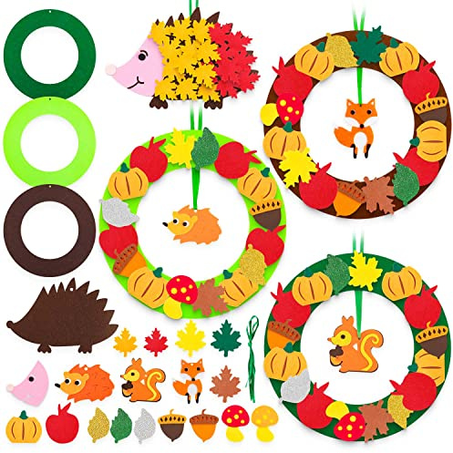 Benjia 4 Kits Bricolage Couronne Feutre Automne pour Enfants, Activité Manuelle Loirsir Créatif Artisanat Décoration Suspendue, Automne Deco Feutrine Feuilles Hérisson Ornement pour Porte Fenêtre