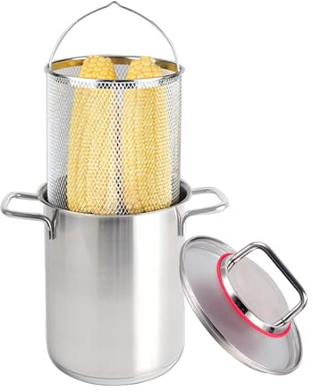 Stainless Steel Asparagus Vegetable Steamer Pot 3.5L/5.5L Spaghetti Pasta Vertical Cooker Deep Frying Pot for French Fries,Chicken - Soup Stock Pot with Basket and Lid for Boiled Eggs, Corn (5.5L)