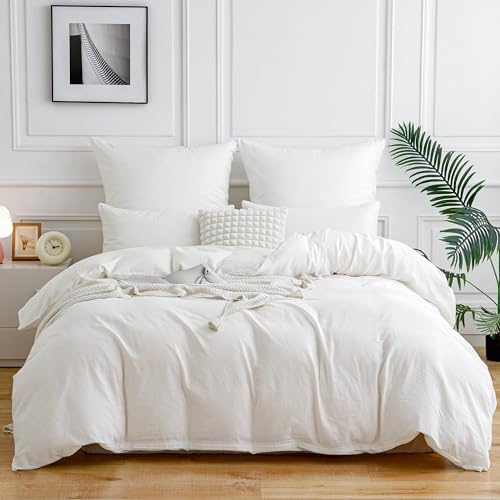 ATsense Doppellagige Muslin Bettwäsche 135x200 4teilig, Flaches Leinenartiges Aussehen Bettwäsche-Sets mit 2 Kissenbezüge 80x80cm, ÖKO-TEX Bettbezug Weiß mit Reißverschluss