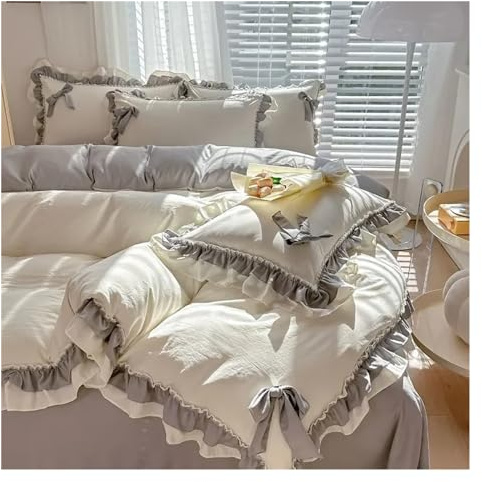 YIZUFU White Ruffled Bedding Seersucker Thicken Bow Sheet Washed Pillowcase Set Luxury Bedroom Warm Bedding Linen Bed Ruffle Cotton Princess Girl Decor Quilt Cover Pink,Bedding, Queen200x230cm 4pcs