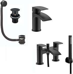Matt Black Basin and Bath Shower Mixer Pack with Waste