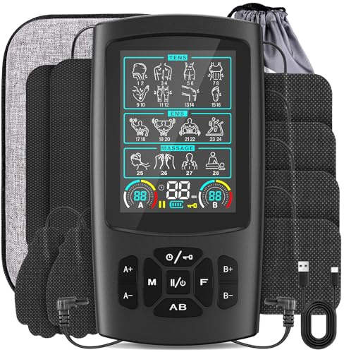 3-in-1 TENS Unit Muscle Stimulator with Color Display - Dual Channel EMS Machine, 28 Therapy Modes,40 Intensity Levels,8 Electrode Pads & EVA Case for Effective Pain Relief