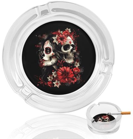 Mexican Day of The Dead Women Goth Round Glass Smoking Ashtray Decorative Cigarettes Cigar Ash Tray with 3 Slot for Indoor Outdoor