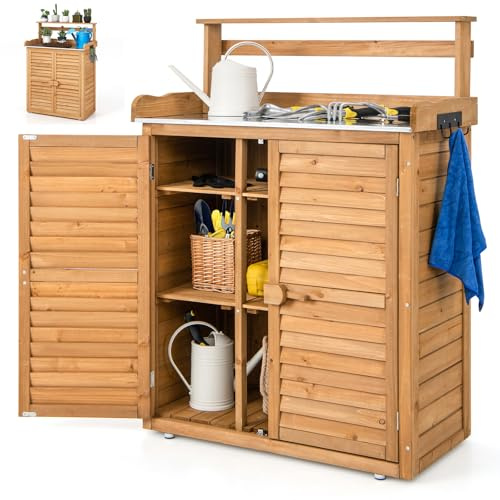 RELAX4LIFE Armadio da Esterno in Legno 87x45x120 cm con Piano in Metallo Zincato, 2 Porte a Doghe, Ripiani Regolabili e 3 Ganci, Ideale per Piante e Attrezzi da Giardinaggio