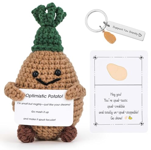 Funny Positive Emotion Support Crochet Potato, Cute Handmade Knitted Doll with Card and Keychain Home Office Desk Decor Birthday Holidays Cheer up Gifts for Parents Friends Lover Coworker Teacher