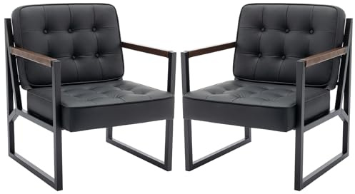 Mid Century Modern ohrensessel 2er Set, Bequeme Lounge Sessel, Brauner Leder Accent Chair, Kunstleder Empfangssessel mit Metallbeinen für Wohnzimmer Schlafzimmer Empfangsraum Wartezimmer, Schwarz