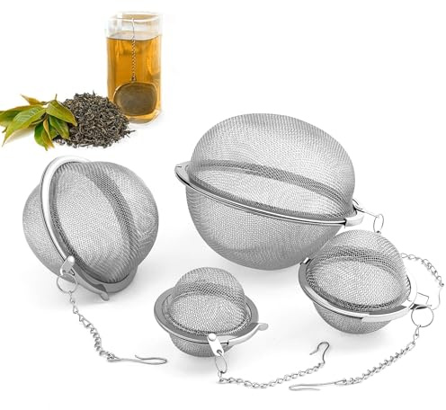 4 stycken teägg för löst te, teägg, rostfritt stål, sil, tesil stor med kedja, fin maskig kryddsil tefilter, rökträ, teägg i olika storlekar, rotkula (ø 5/5,5/7/9 cm)