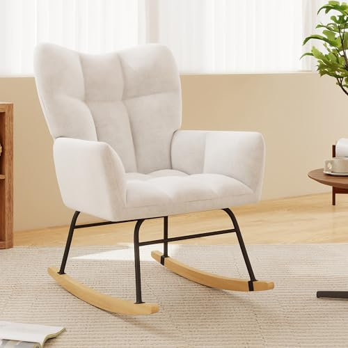 Skandiquip Nursery Rocking Chair, Rocking Chairs for Nursery, Baby Rocker Chair, Glider Rocker, Anti-Tip Safety Design, 440 Lb Weight Capacity, Cotton Fabric Cover, White