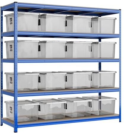 Racking Solutions Heavy Duty Garage Shelving Unit 200KG Per Shelf With Wham Bam Storage Boxes 1000KG Weight Capacity (1800mm H x 1800mm W x 600mm D)