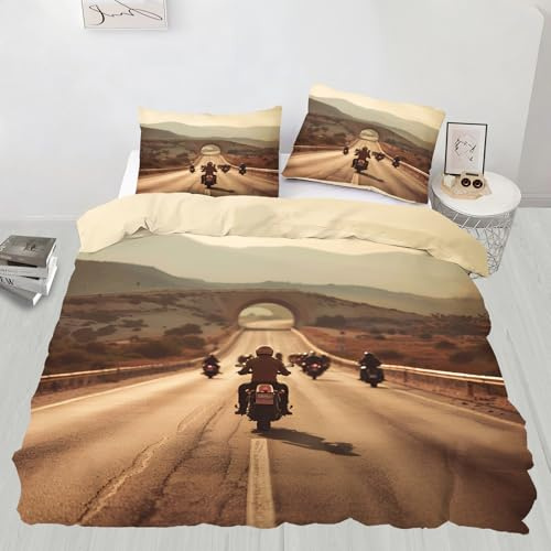 Juego de ropa de cama de 3 piezas con diseño de motociclistas, tamaño Super King, funda de edredón y fundas de almohada para cama individual para niños y niñas